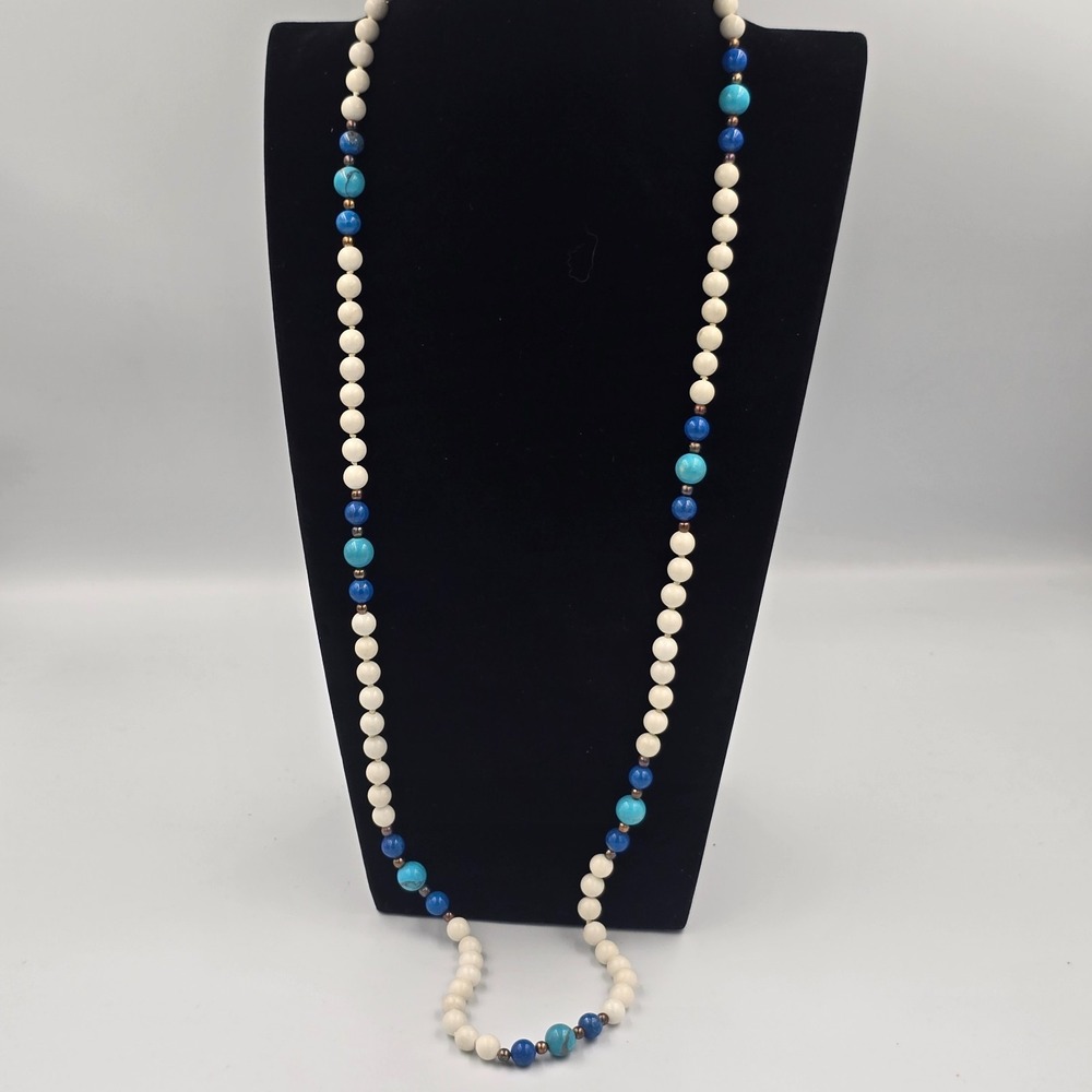 Vintage Beaded Necklace Turquoise Lapis Lazuli Natural White Hetian Nephrite - Picture 2 of 12